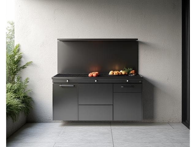 A modern, wall-mounted grill and small prep area installed on a compact urban patio wall.