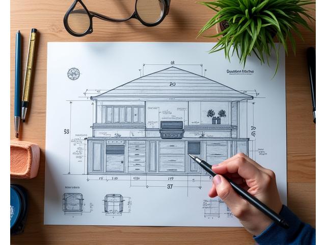 Outdoor kitchen design blueprint with a hand holding a styler over it, representing consultation and planning services.