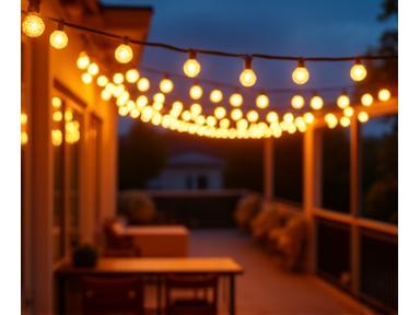 Warm, inviting string lights draped over an outdoor patio, creating a cozy ambiance.