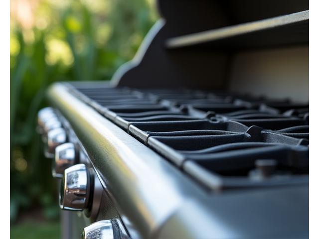Close-up of a gleaming built-in professional-grade gas grill with stainless steel grates.