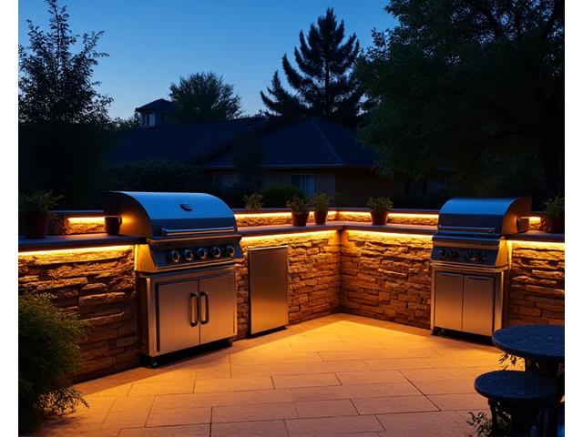Subtle LED strip lighting illuminating an outdoor kitchen counter and backsplash at dusk, creating ambiance.