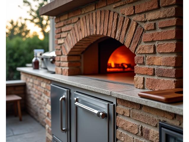 Outdoor brick pizza oven with a smoking accessory next to it, ready for use.