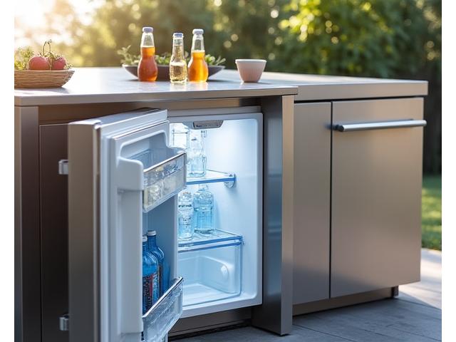 Outdoor-rated stainless steel refrigerator built into an outdoor kitchen island, stocked with beverages.