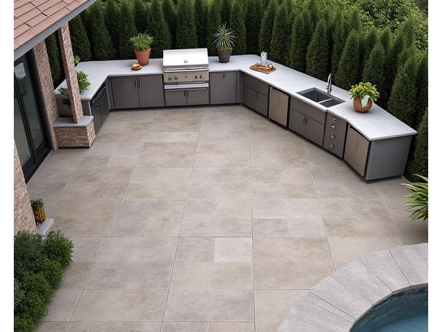Durable outdoor porcelain tiles forming a patio floor around an outdoor kitchen, with a subtle textured finish.