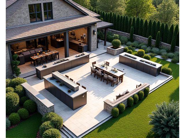 Expansive outdoor kitchen island with multiple cooking zones, a large dining area, and lush landscaping in a spacious backyard.