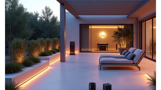 A modern outdoor patio with a strong Wi-Fi signal radiating icon overlaid, symbolizing reliable connectivity for smart devices