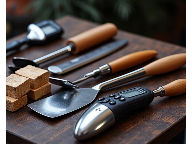 Assortment of high-quality professional BBQ tools and smoking accessories, neatly arranged